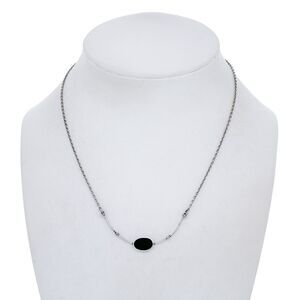 Vintage Silver Tone Oval Black Resin Pendant Necklace 15"